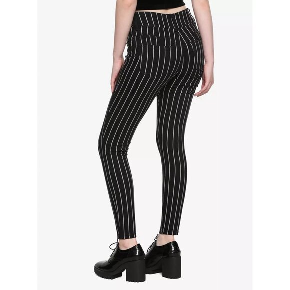 Hot Topic Denim Black & White Pinstripe Hi-Rise Super Skinny Jeans Goth Punk 3 - Picture 2 of 9